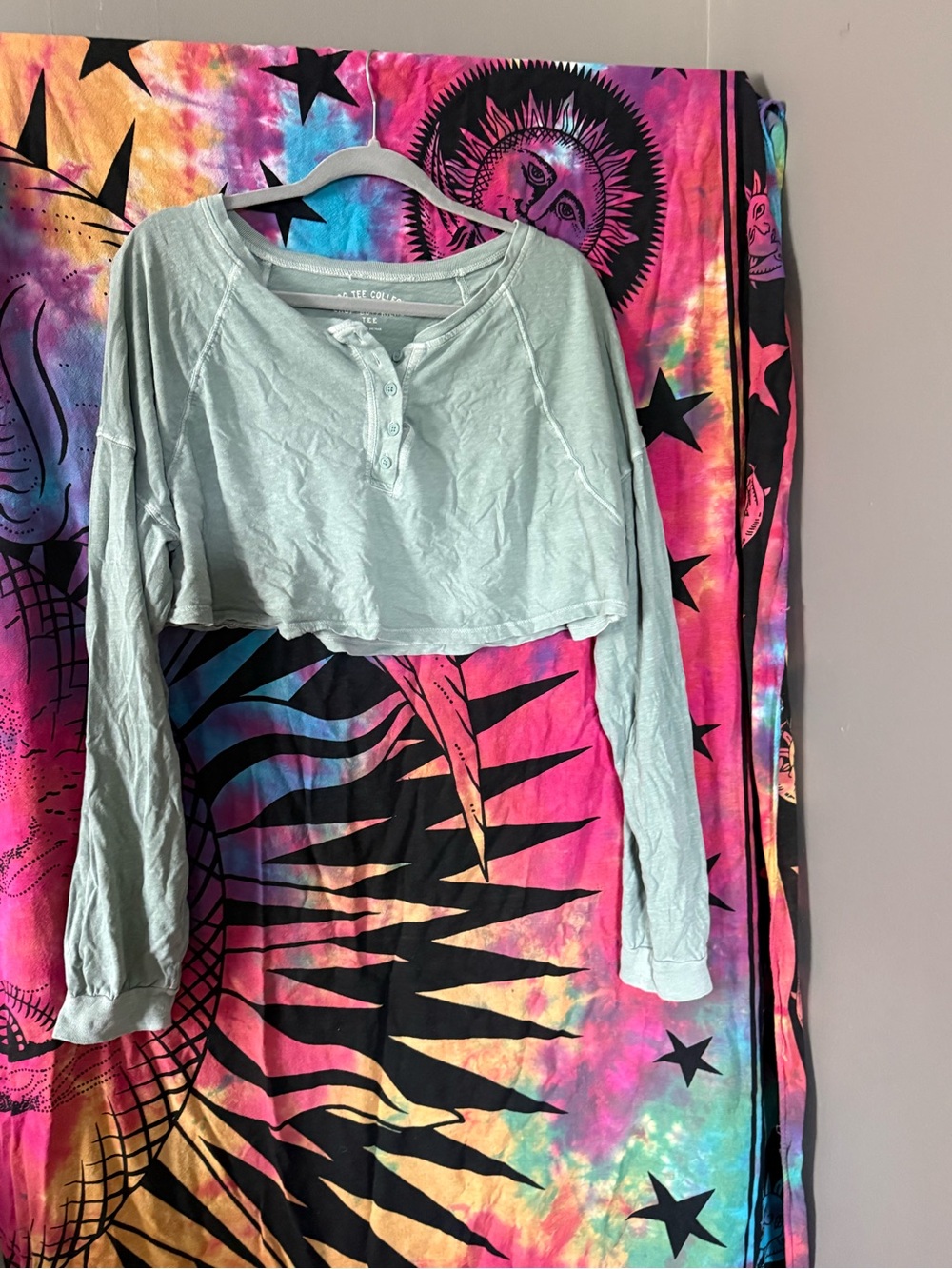 Aeropostale Sage Green Cropped Henley Long-Sleeve Top